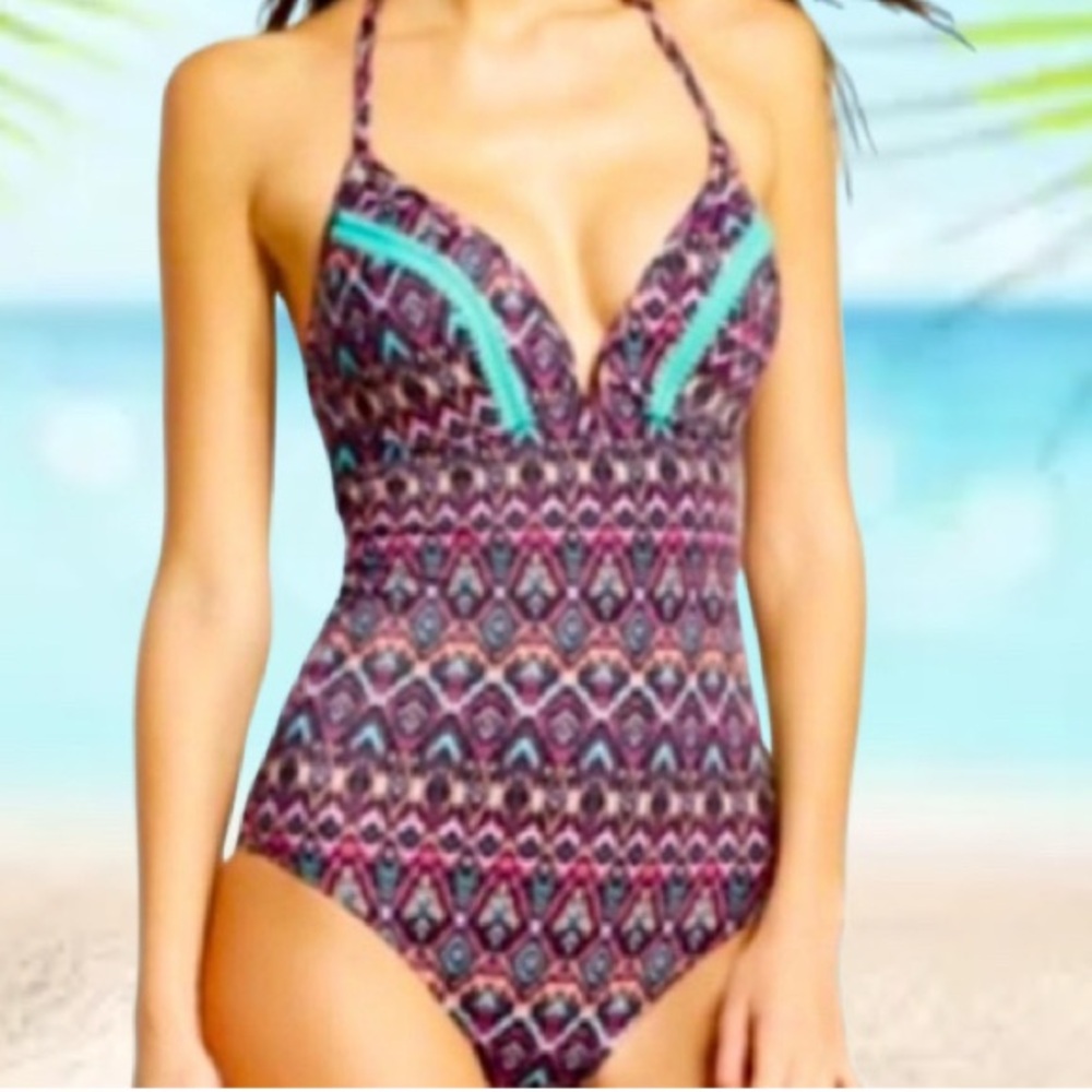 Shade and Shore Dream V Wire Lifting One Piece Halter Cut Out Back Swimsuit 36D